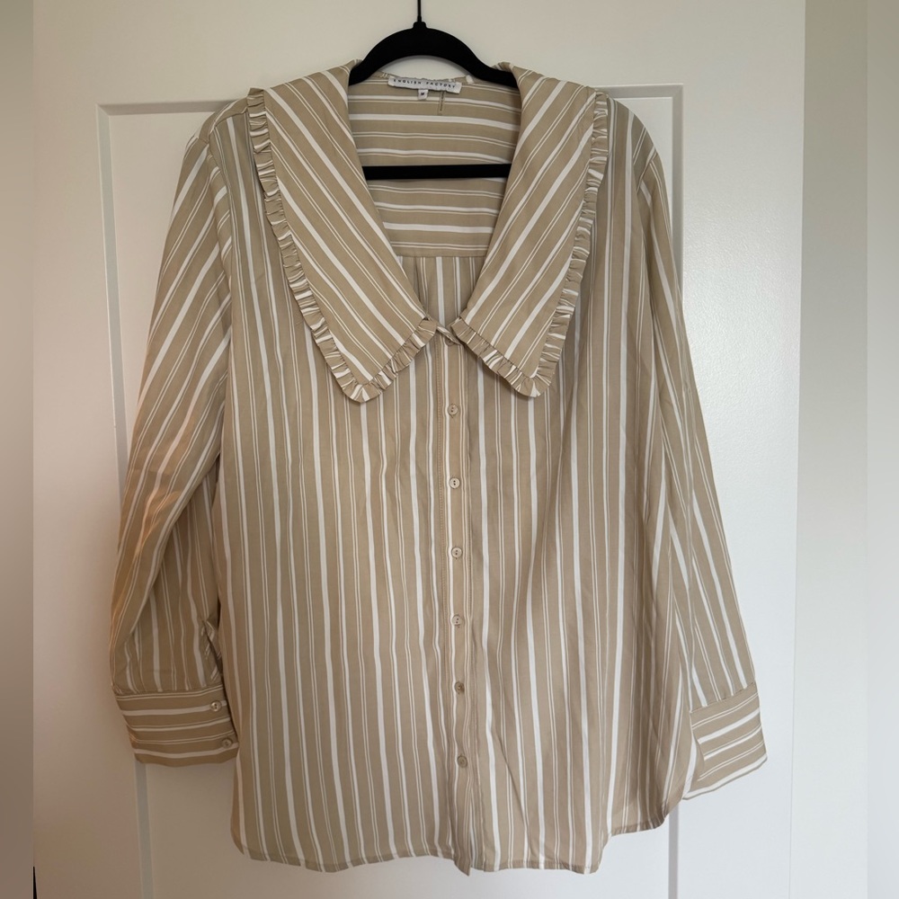 English Factory Beige and White Striped Button Down Blouse